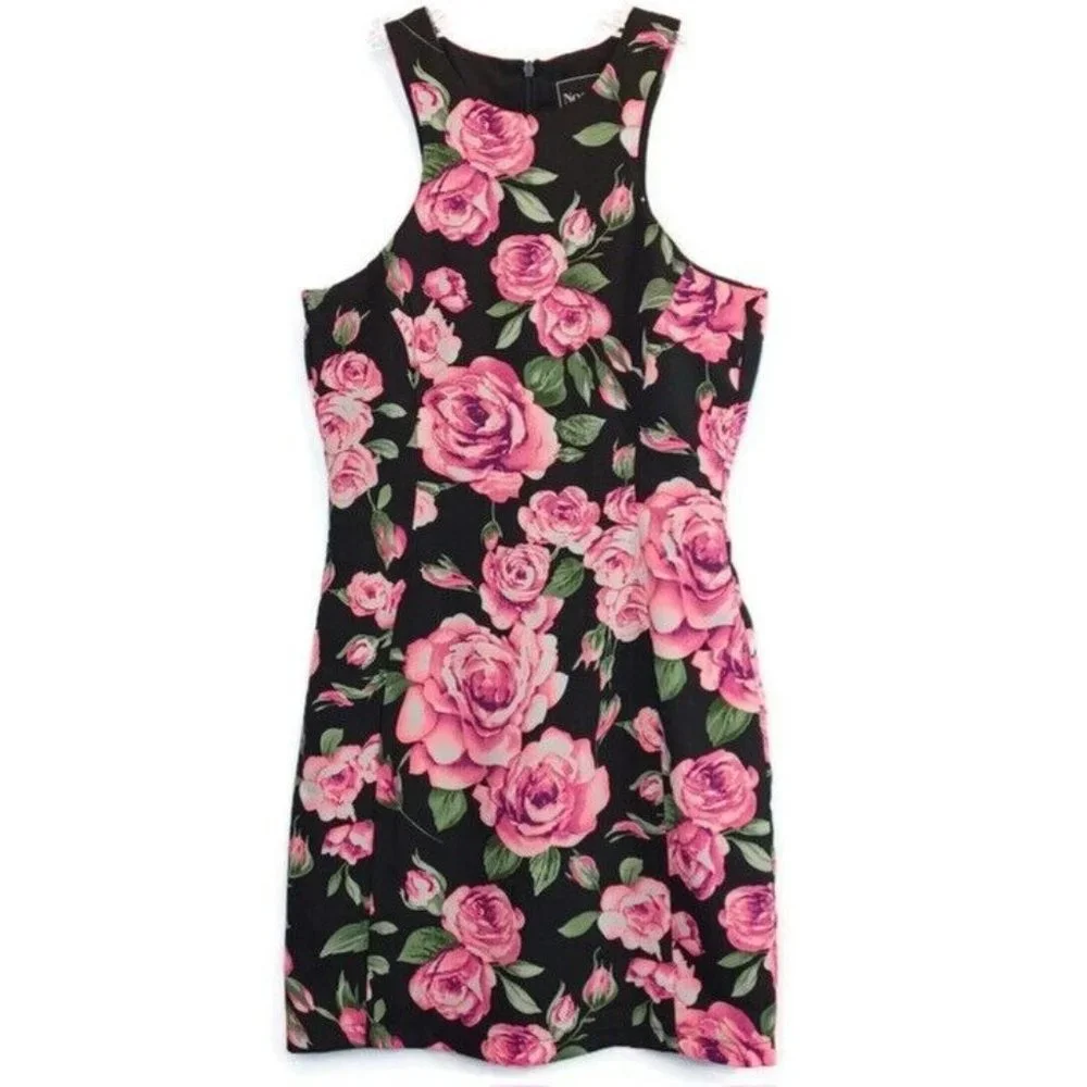 NOOKIE WMNS Sz 4 Neon Pink Accent Rose Floral High Neck Sheath Mini Dress, Lined - Picture 1 of 12